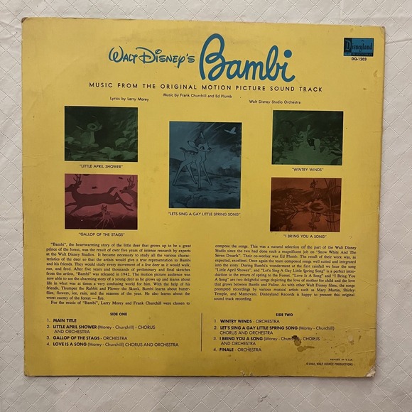 Walt Disney Bambi Original Motion Picture Soundtrack Record Disneyland DL 1203 - Picture 2 of 4